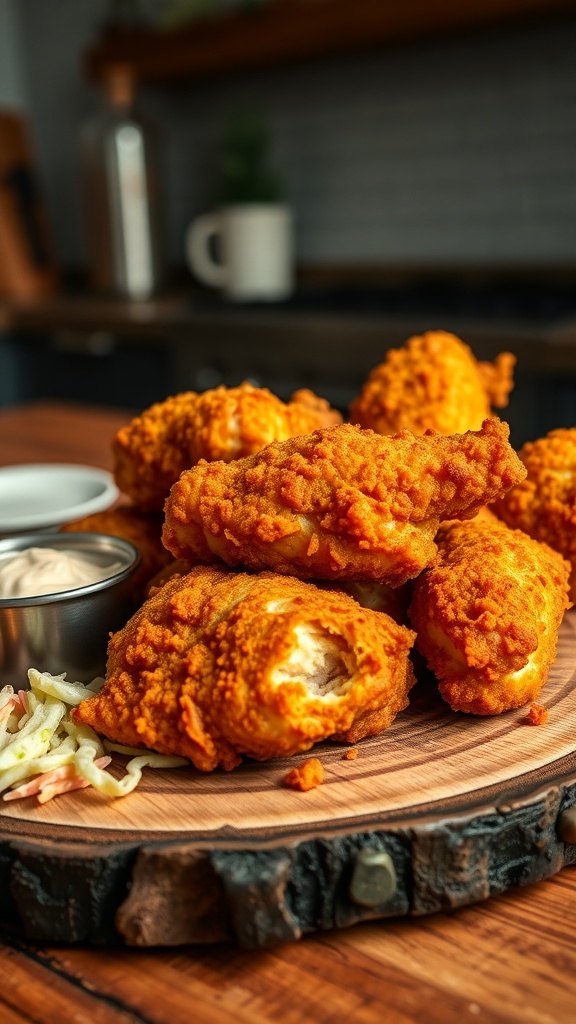 Crispy oven-fried chicken on a wooden platter with coleslaw and dipping sauce.